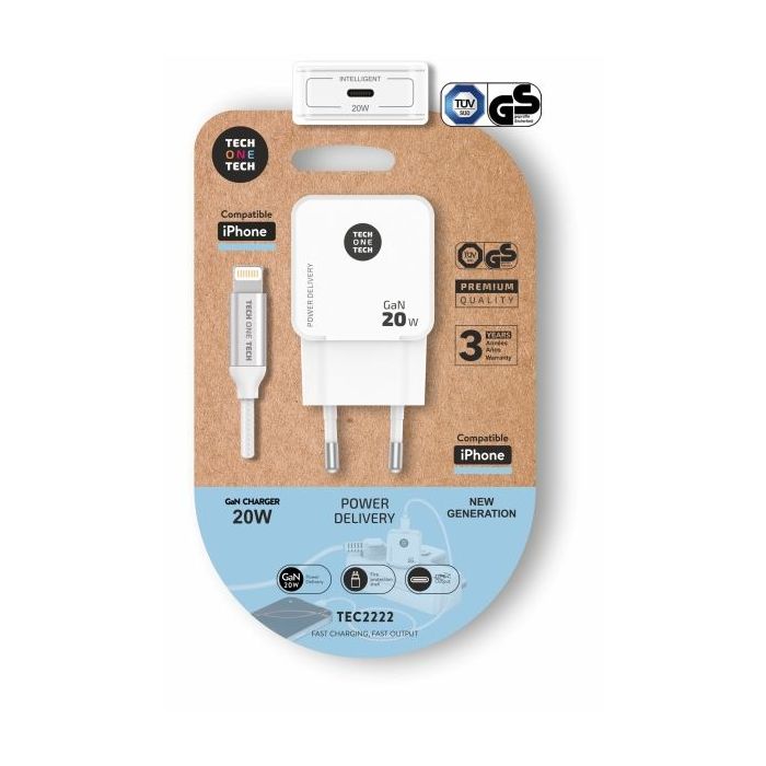 TechOneTech Cargador de Pared Ultrarrápido GaN 20w Blanco + Cable Apple