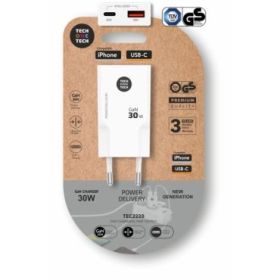 TechOneTech Cargador Doble de Pared Ultrarrápido GaN 30w USB-C+USB-A Blanco