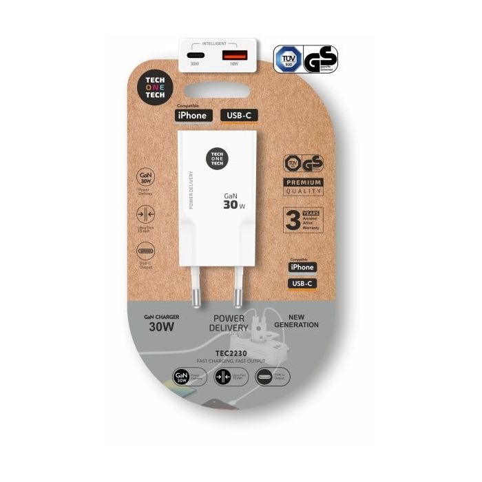 TechOneTech Cargador Doble de Pared Ultrarrápido GaN 30w USB-C+USB-A Blanco