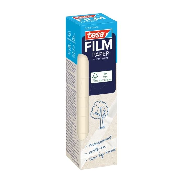 Tesa Paper Pack de 8 Cintas Adhesivas de Papel 19mm x 10 Metros - Casi Invisible en Superficies de Color Claro - Se puede Cortar con la Mano y Escribir sobre ella - Papel Certificado FSC®