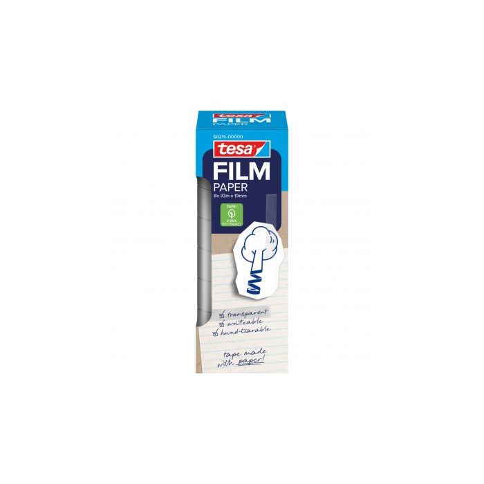 Tesa Paper Pack de 8 Cintas Adhesivas de Papel 19mm x 33 Metros - Casi Invisible en Superficies de Color Claro - Se puede Cortar con la Mano y Escribir sobre ella - Papel Certificado FSC®