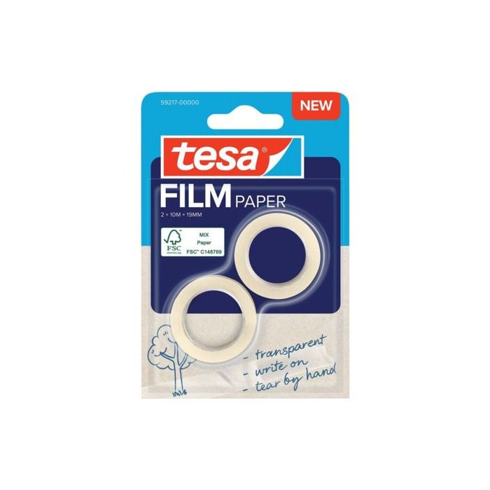 Tesa Paper Pack de 2 Cintas Adhesivas de Papel 19mm x 10 Metros - Casi Invisible en Superficies de Color Claro - Se puede Cortar con la Mano y Escribir sobre ella - Papel Certificado FSC®
