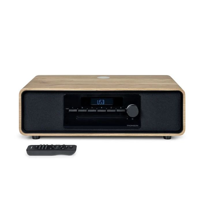 Thomson MIC300IBT Micro Cadena 60W Bluetooth 5.0 - Reproductor de CD, Radio FM, Reproductor USB (MP3) - Funcion de Carga Inalmbrica - Mando a Distancia - Color Madera/Negro