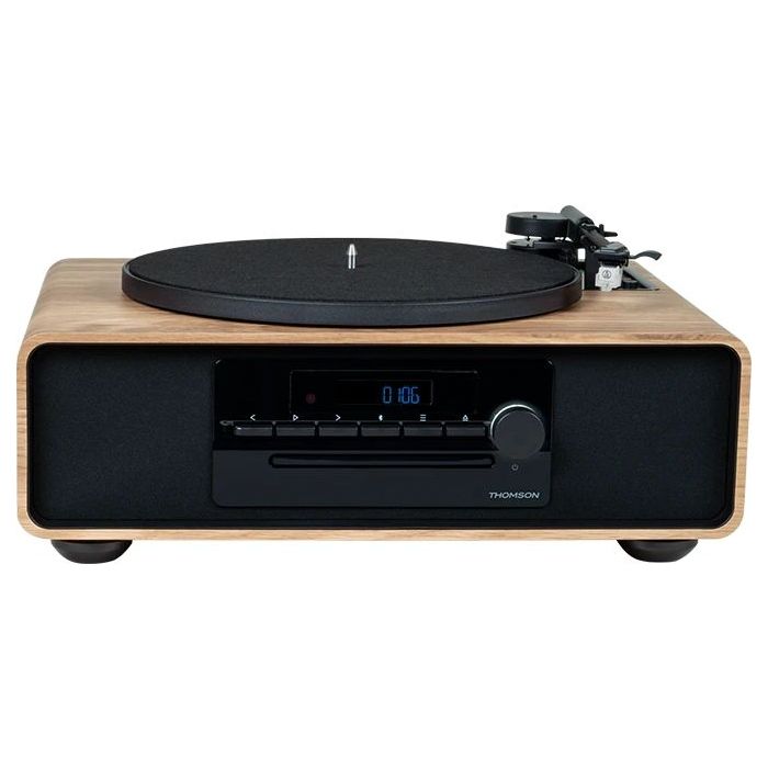 Thomson MIC300TT Micro Cadena 60W Bluetooth 5.0 con Tocadiscos Integrado - Reproductor de CD, Radio FM, Reproductor USB (MP3) - Mando a Distancia - Color Madera/Negro