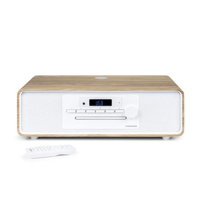 Thomson MIC300IBT Micro Cadena 60W Bluetooth 5.0 - Reproductor de CD, Radio FM, Reproductor USB (MP3) - Funcion de Carga Inalmbrica - Mando a Distancia - Color Madera/Blanco