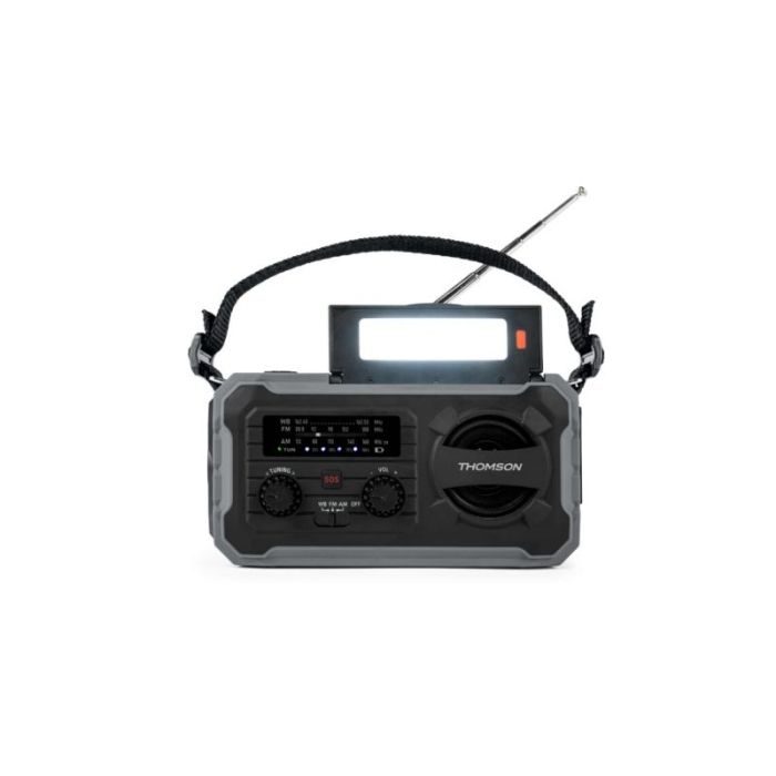 Thomson Radio Solar Portatil SOS - AM/FM - Bateria de 8000mAh - Linterna de Emergencia - 3 Modos de Carga - Funcion Powerbank - Color Gris