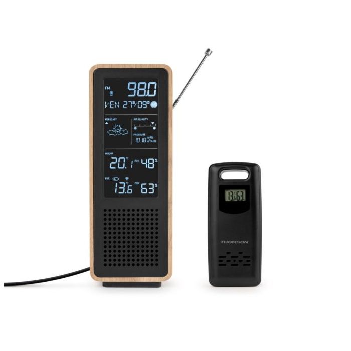Thomson Altavoz Bluetooth con Estacion Meteorologica y Radio FM - Potencia Musical 15W - Pantalla Retroiluminada - Sonda Exterior Inalambrica - Color Madera y Negro