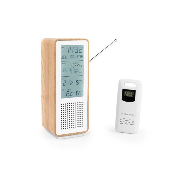 Thomson Altavoz Bluetooth con Estacion Meteorologica y Radio FM - Potencia Musical 15W - Pantalla Retroiluminada - Sonda Exterior Inalambrica - Color Madera y Blanco