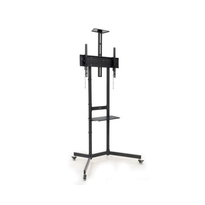 Tooq Nefertiti Soporte de Suelo con Ruedas para Pantallas 37" a 70" - Altura Ajustable - Bloqueo de Ruedas - Estante - Bandeja Superior para Webcam - Gestion de Cables - Peso Max 70kg - VESA Max 600X400mm - Color Negro