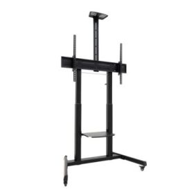 Tooq Aquiles Soporte de Suelo para Pantallas Interactivas/TV de 60 a 100" - Bandeja Multiusos - Peso Max. 120kg - Altura e Inclinacion Ajustables - Elevacion con Manivela - Ruedas - Color Negro