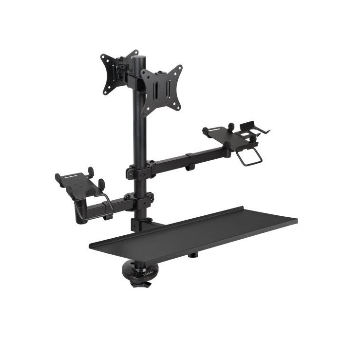 Tooq Soporte de Mesa para 2 Monitores de 17"-32" + Soportes para Impresora TPV, Lector de Codigos, Datafono + Bandeja para Teclado y Raton - Gestion de Cables - Peso Max 9kg x Brazo - VESA 100x100mm