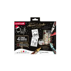 Uni-ball Chalk Colores Navidad Pack de 4 Marcadores de Tiza Liquida + Posters - Punta Conica 1.8-2.5mm - Borrado en Humedo - Resistente a la Lluvia - Colores Surtidos