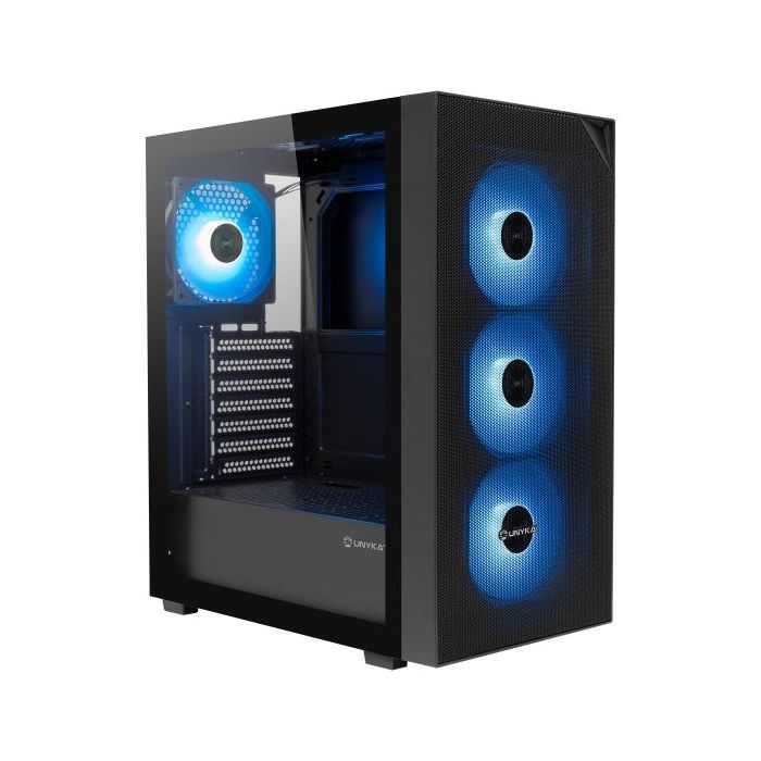 Unykach Revelat Mesh Compact Edition Caja ATX, Micro ATX, ITX - Lateral de Vidrio Templado - 3.5", 2.5" - USB-A 2.0, USB-3.0 y Audio - 4 Ventiladores ARGB - Soporta Refrigeracion Liquida - Color Negro