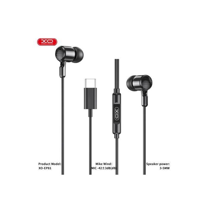 XO EP81 Auriculares Intrauditivos con Microfono - Conexion USB-C - Cable de 1.20m - Color Negro