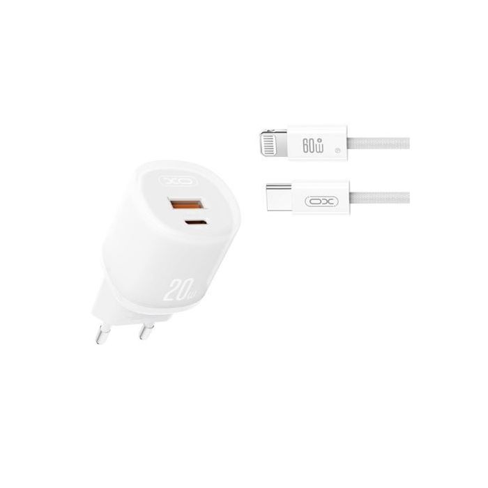 XO L144 Cargador de Corriente 20W - USB-A y USB-C - PD 3.0 - Incluye Cable USB-C a Lightning - Color Blanco