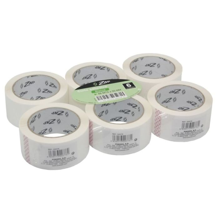 Zap Pack de 6 Precintos de Embalaje 50mm x 66m - Polipropileno 55 micras - Color Blanco