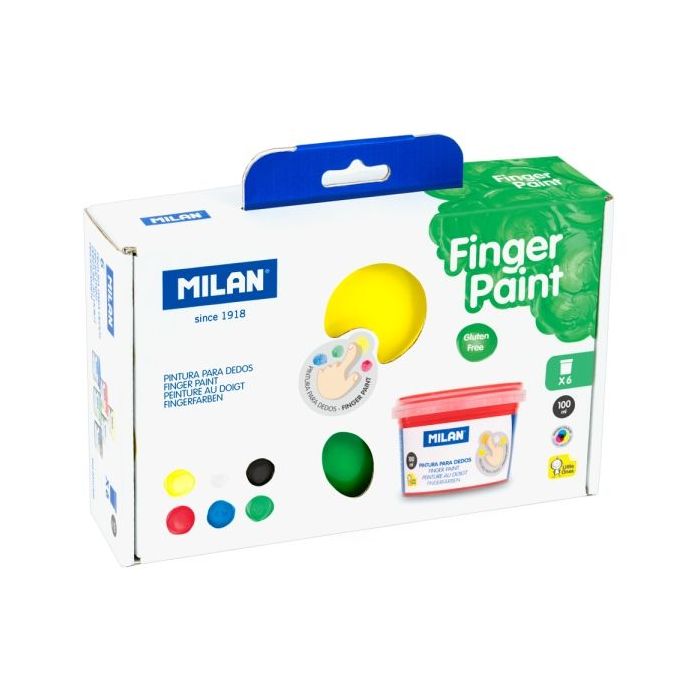Milan Pack de 6 Tarros de Pintura para Dedos - 100ml por Unidad - Mezclable - Lavable - Colores Surtidos
