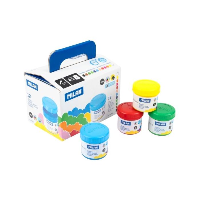 Milan Pack de 6 Tarros de Tempera - 40ml por Unidad - Incluye Pincel - Mezclable - Colores Surtidos