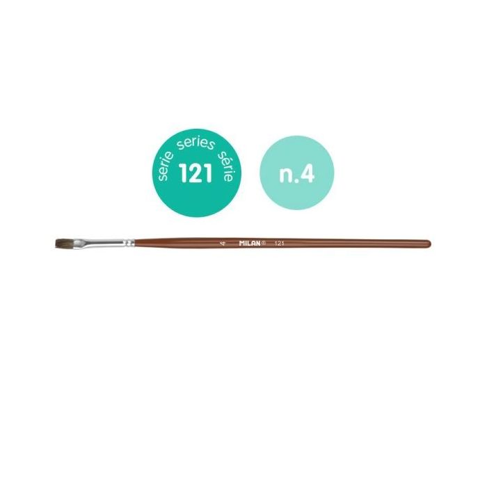 Milan 121 Pack de 12 Pinceles Escolares Planos Numero 4 - Bolsa con Colgador - Pelo de Cabra y Sintetico - Color Madera Oscuro
