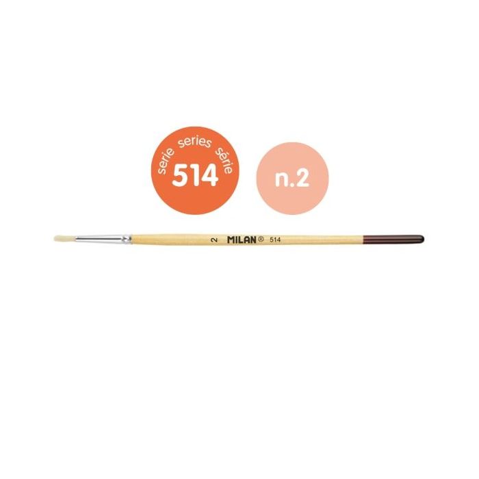 Milan 514 Pack de 12 Pinceles Redondo - Mango Corto Numero 2 - Bolsa con Colgador - Cerda Natural - Color Madera Claro