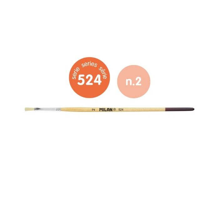 Milan 524 Pack de 12 Pinceles Plano - Numero 2 - Bolsa con Colgador - Cerda Natural - Mango Corto - Color Madera Claro