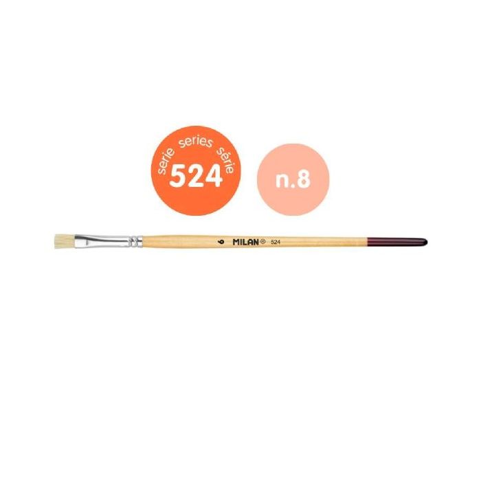 Milan 524 Pack de 12 Pinceles Plano - Numero 6 - Bolsa con Colgador - Cerda Natural - Mango Corto - Color Madera Claro