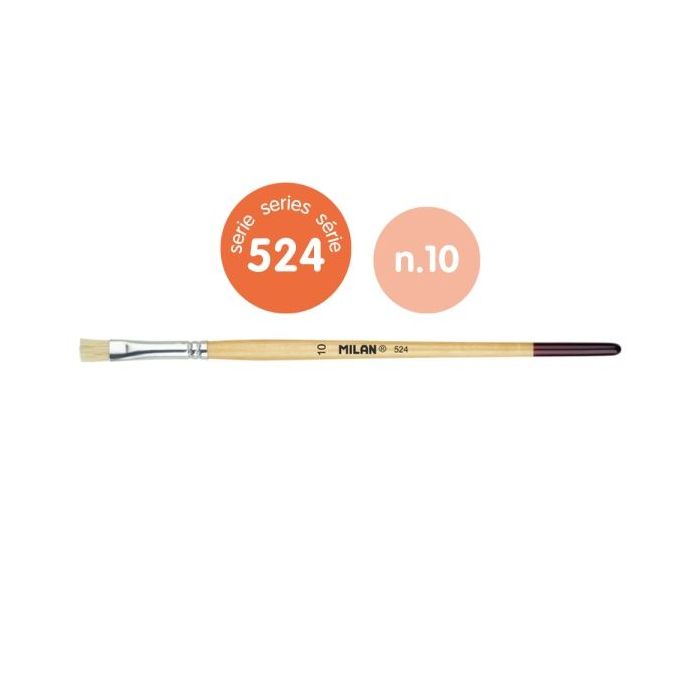 Milan 524 Pack de 6 Pinceles Planos Numero 10 - Bolsa con Colgador - Cerda Natural - Mango Corto - Color Madera Claro
