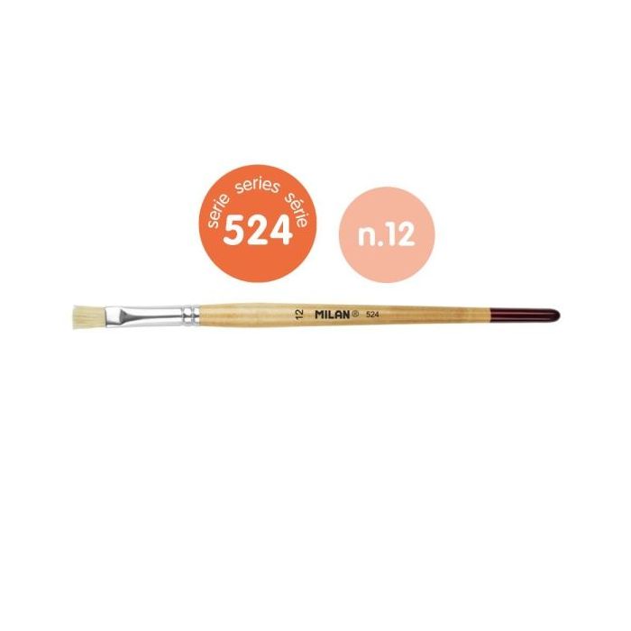 Milan 524 Pack de 6 Pinceles Planos Numero 12 - Bolsa con Colgador - Cerda Natural - Mango Corto - Color Madera Claro