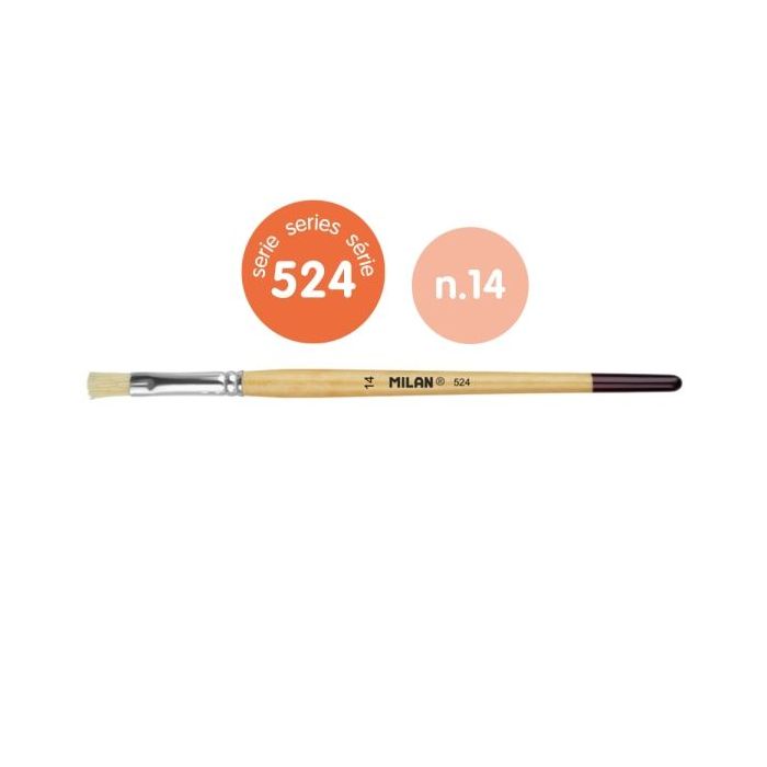 Milan 524 Pack de 6 Pinceles Planos Numero 14 - Bolsa con Colgador - Cerda Natural - Mango Corto - Color Madera Claro