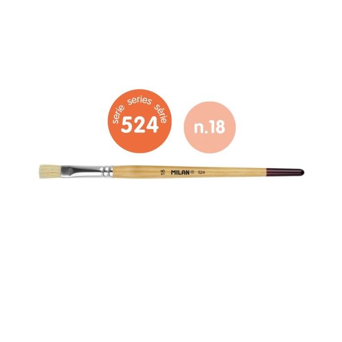 Milan 524 Pack de 4 Pinceles Planos Numero 18 - Bolsa con Colgador - Cerda Natural - Mango Corto - Color Madera Claro