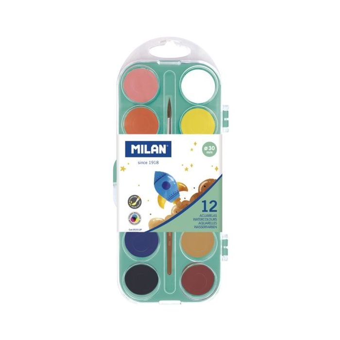 Milan Paleta de 12 Acuarelas Opacas de 30mm - Practico Estuche - Incluye Pincel - Colores Surtidos