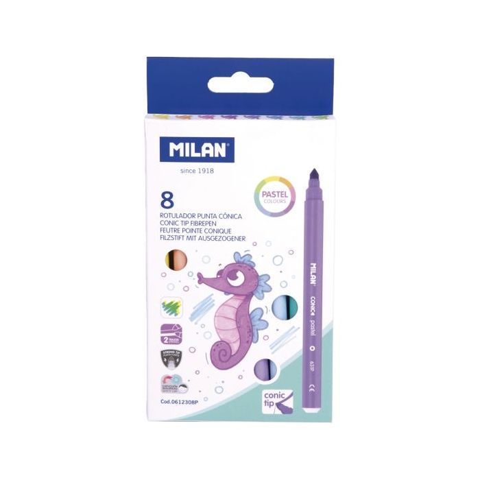Milan Pack de 8 Rotuladores - Tinta al Agua - Punta Conica de 5mm - Colores Pastel Surtidos