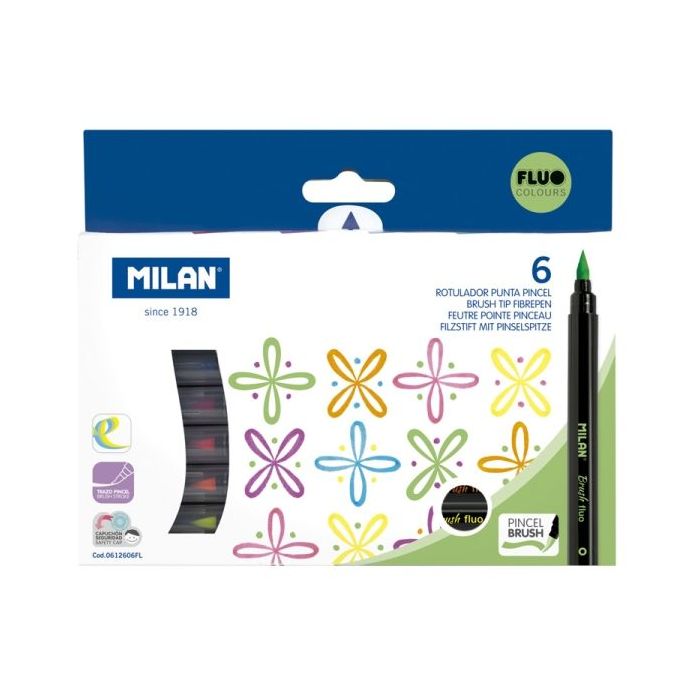 Milan Fluo Pack de 6 Rotuladores Punta Pincel Colores Fluo - Tinta al Agua - Punta de Pincel 0.5 a 6mm - Colores Fluorescentes Surtidos