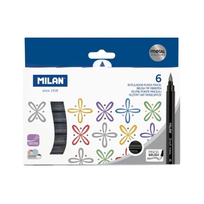 Milan Pack de 6 Rotuladores Punta Pincel Colores Metalizados - Tinta al Agua - Punta de Pincel 0.5 a 6mm - Colores Surtidos
