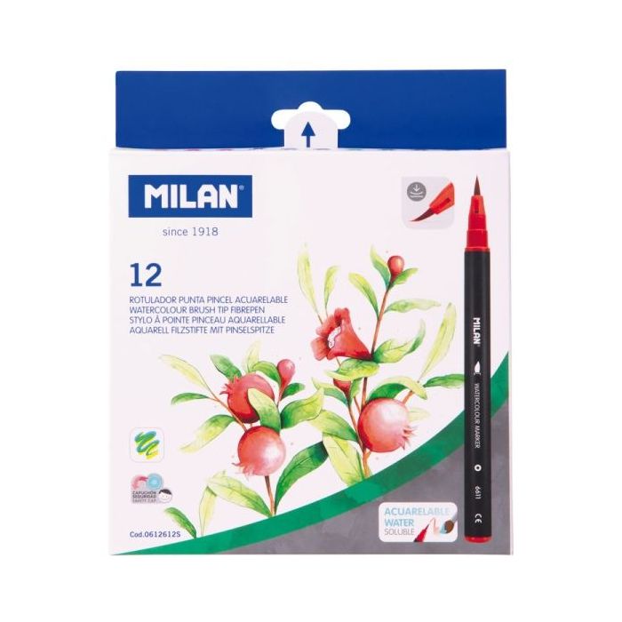 Milan Pack de 12 Rotuladores Acuarelables - Tinta al Agua - Punta de Pincel 0.5 a 6mm - Colores Surtidos
