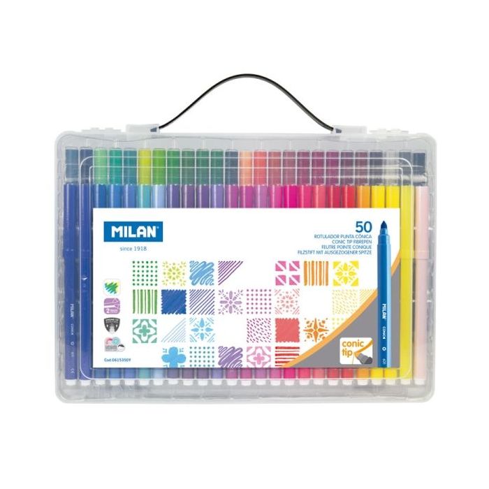 Milan Pack de 50 Rotuladores - Maletin de Transporte - Punta Conica de 5mm - Colores Surtidos