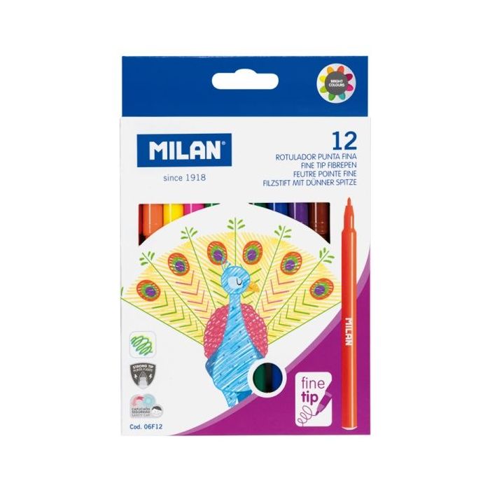 Milan Pack de 12 Rotuladores - Tinta al Agua - Punta Fina 2mm - 154mm - Colores Surtidos