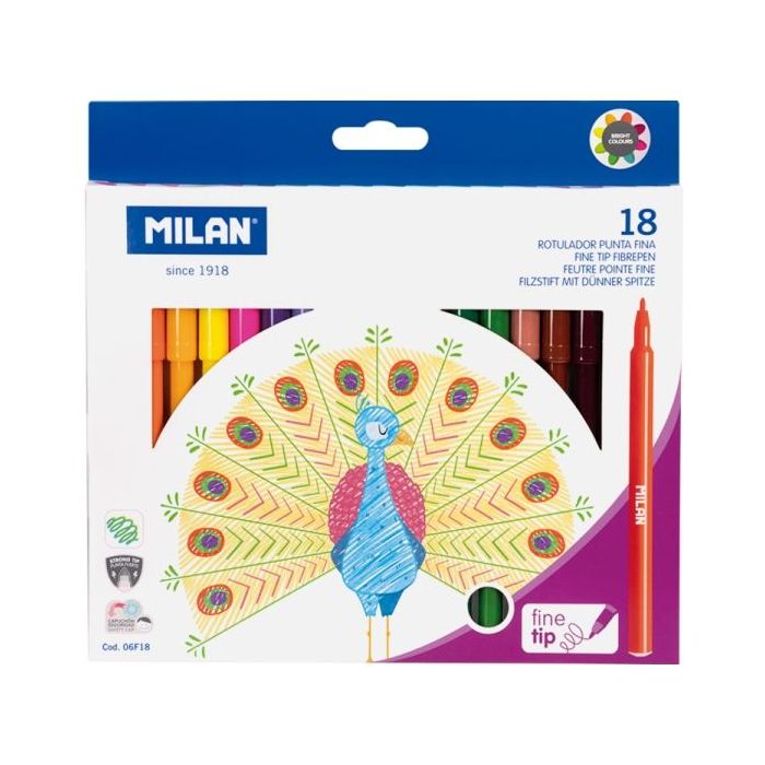 Milan Pack de 18 Rotuladores - Tinta al Agua - Punta Fina 2mm - 154mm - Colores Surtidos