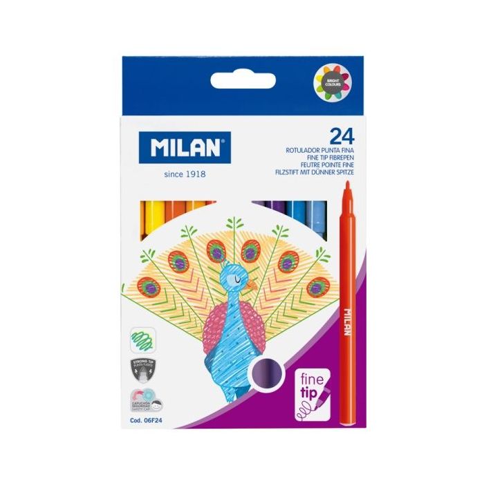 Milan Pack de 24 Rotuladores - Tinta al Agua - Punta Fina 2mm - 154mm - Colores Surtidos