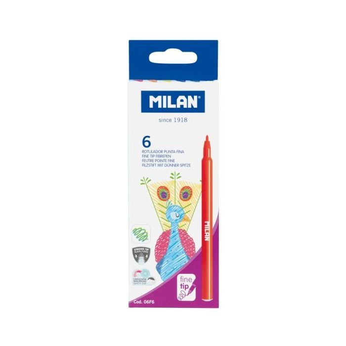 Milan Pack de 6 Rotuladores - Tinta al Agua - Punta Fina 2mm - 154mm - Colores Surtidos