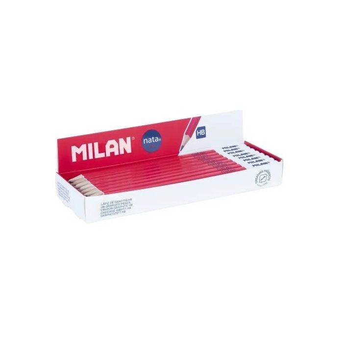 Milan Nata 624 Caja Expositora con 24 Lapices de Grafito HB - Forma Cuadrada - Mina de Trazo Uniforme y Resistente a la Rotura - Cuerpo de Color Rosa/Blanco