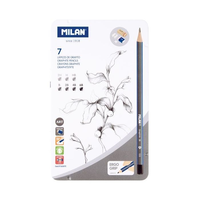 Milan Pack de 7 Lapices + 1 Sacapuntas + 1 Gomas de Caucho + 1 Goma de Miga de Pan - Grado de Durezas Surtidas - Caja Metalica - Durezas Surtidas - Color Gris Oscuro