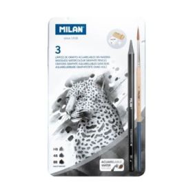 Milan Pack de 3 Lapices de Grafito Acuarelables Surtidos + Sacapuntas + Goma de Borrar + Pincel - Caja Metalica - Bandeja Interior - Color Gris Oscuro