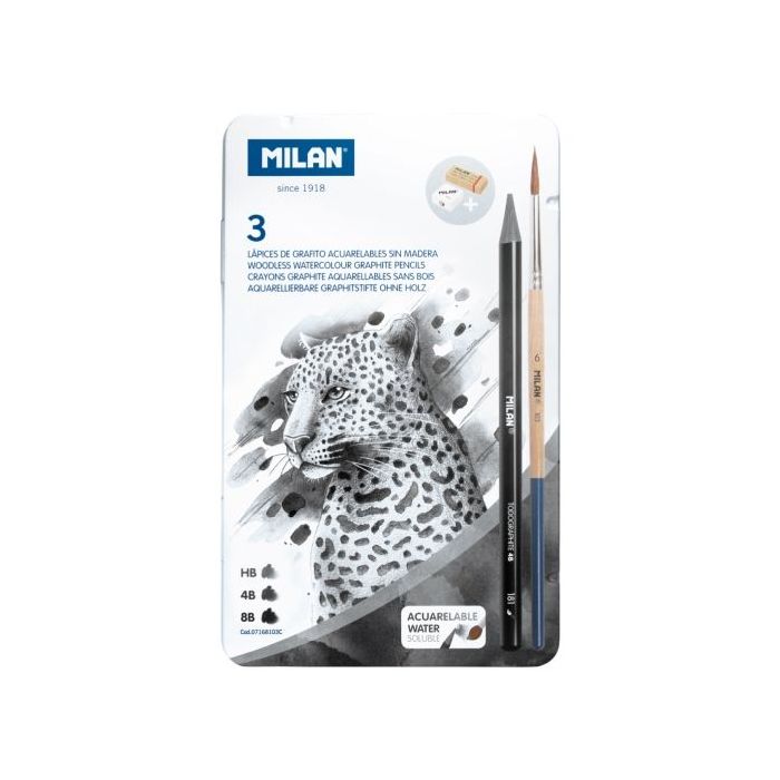 Milan Pack de 3 Lapices de Grafito Acuarelables Surtidos + Sacapuntas + Goma de Borrar + Pincel - Caja Metalica - Bandeja Interior - Color Gris Oscuro