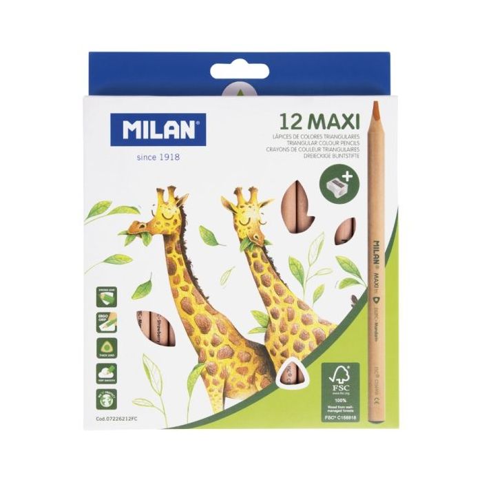 Milan Maxi Pack de 12 Lapices de Colores - Madera Certificada FSC - Incluye Sacapuntas - Triangulares - Colores Surtidos