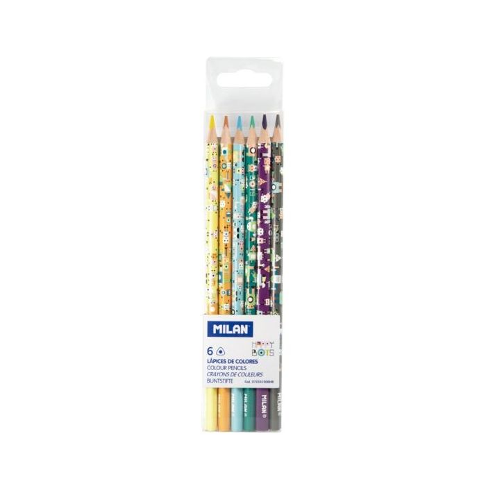 Milan Happy Bots Pack de 6 Lapices de Colores - Dibujos Infantiles - Triangulares - Colores Surtidos