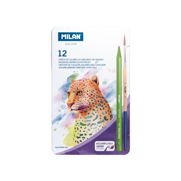 Milan Pack de 12 Lapices de Colores Acuarelables - Caja Metalica - Todo Mina - Incluye Pincel - Colores Surtidos