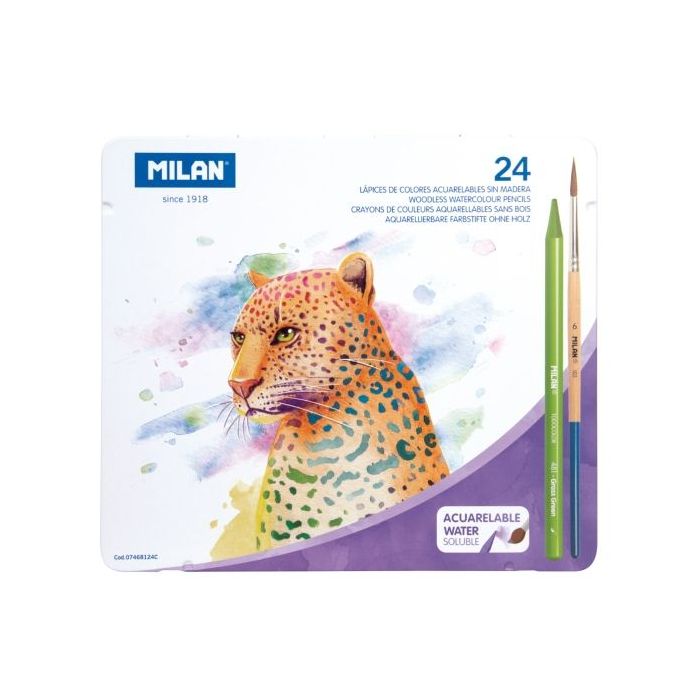 Milan Pack de 24 Lapices de Colores Acuarelables - Caja Metalica - Todo Mina - Incluye Pincel - Colores Surtidos