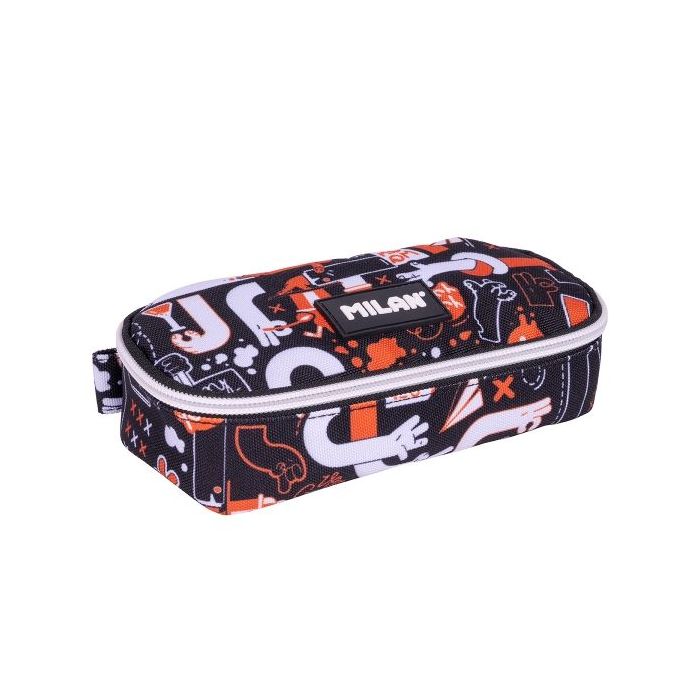 Milan Fingers Estuche Portatodo - Ovalado - Cierre con Cremallera - Malla Interior - 20.5x9x5.5cm - Color Naranja