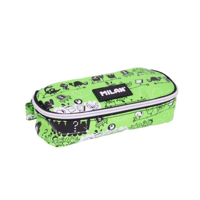 Milan Tandem 2 Estuche Portatodo - Ovalado - Cierre con Cremallera - Malla Interior - 20.5x9x5.5cm - Color Verde